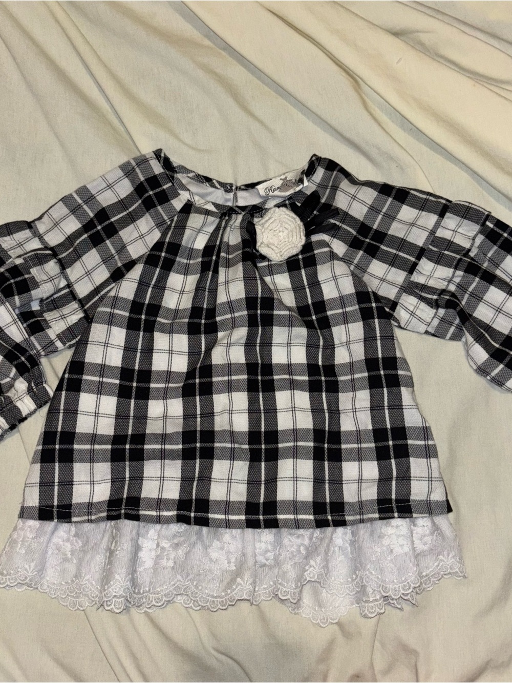 Rare Editions Black & White Plaid Top with Lace Hem and Rosette